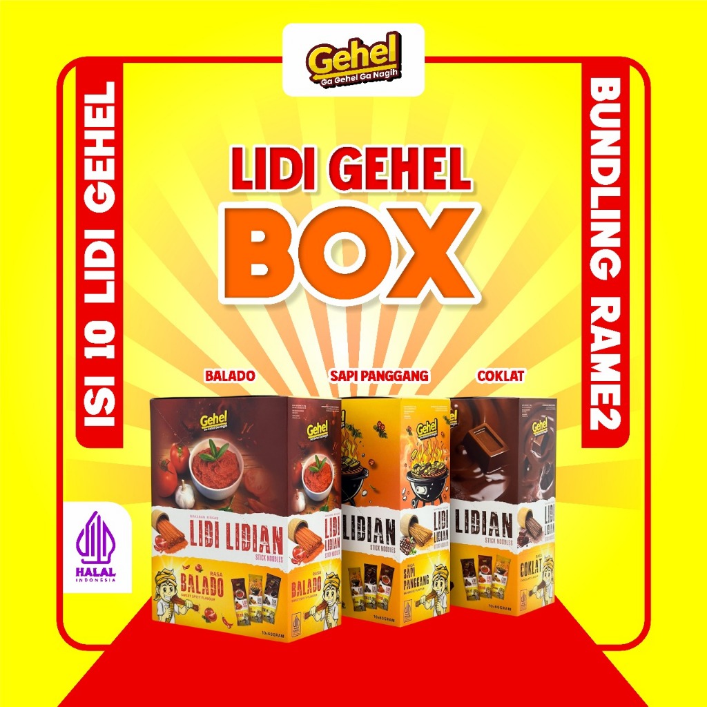 

Gehel LIDI BOX (10pcs) Coklat,Balado,Sapi Panggang - Makanan Instan Mie Instan
