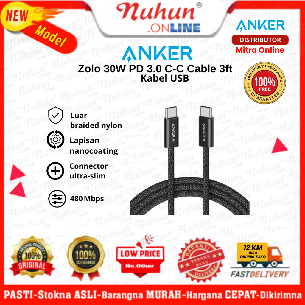Anker Kabel USB Zolo 30W PD 3.0 C-C Cable 3ft