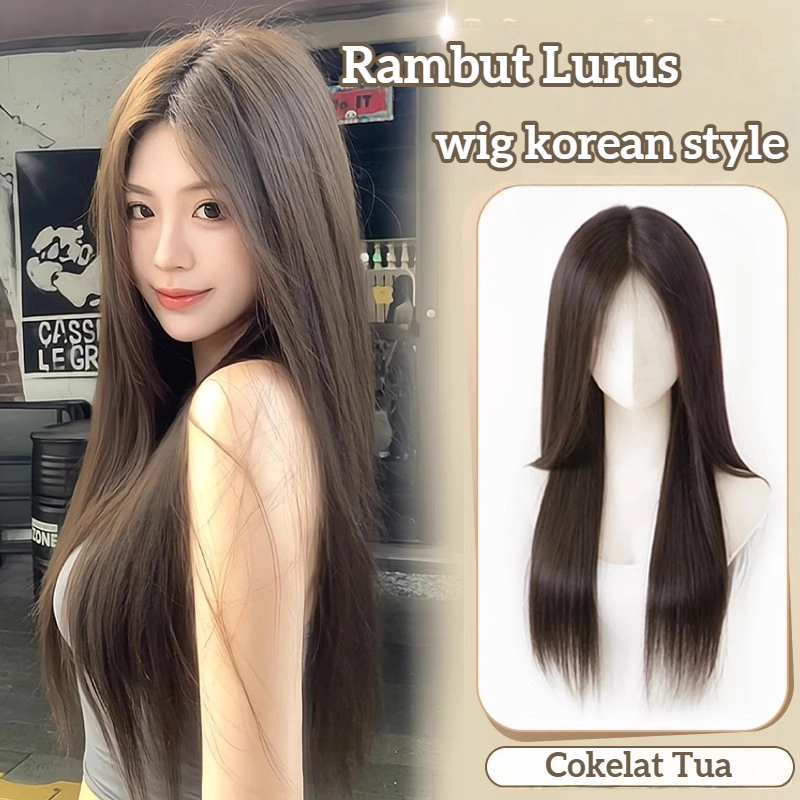 Wig korean style wig Lurus Wig wanita full kepala  Wig tanpa poni Wig bebas belahan  Wig daily  Wig 
