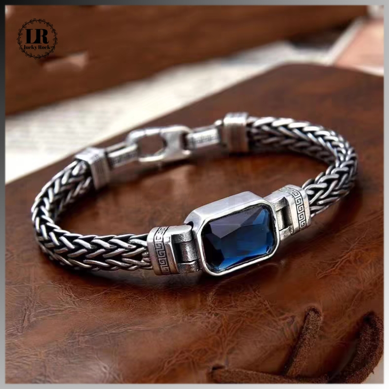 Lucky-1348 Gelang perak pria Thai dengan batu asli - Gelang perak tahan lama tidak pudar, hadiah gel