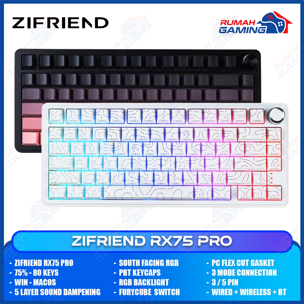 ZIFRIEND RX75 PRO - 75% - 3 Mode - Gasket Mount - 3/5 PIN Hotswap - South Face - Mechanical Keyboard