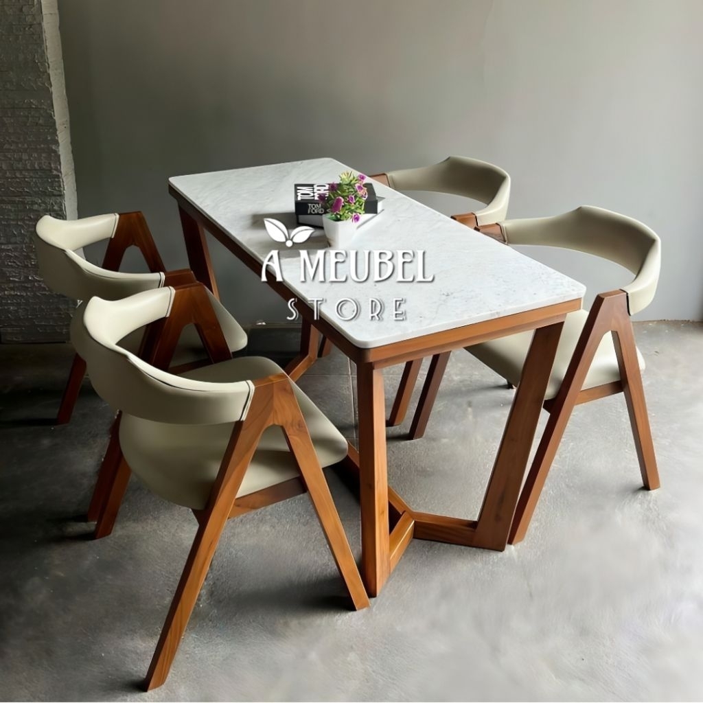 CUSTOM ORDER DINNING SET MINIMALIS TOP TABLE MARMER UK. 140x80 KOMBINASI KURSI MODEL A FULL BUSA FOA