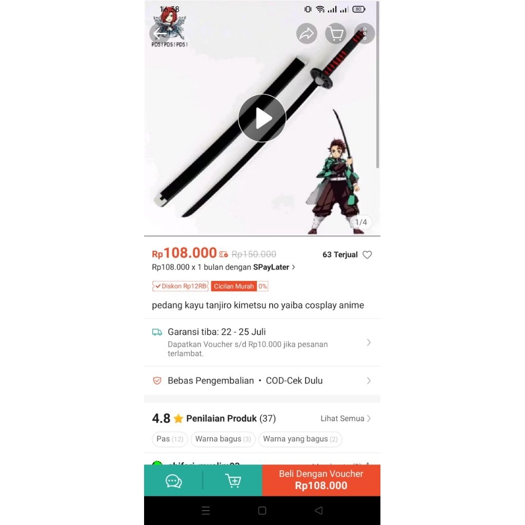 katana kayu cosplay tanjiro