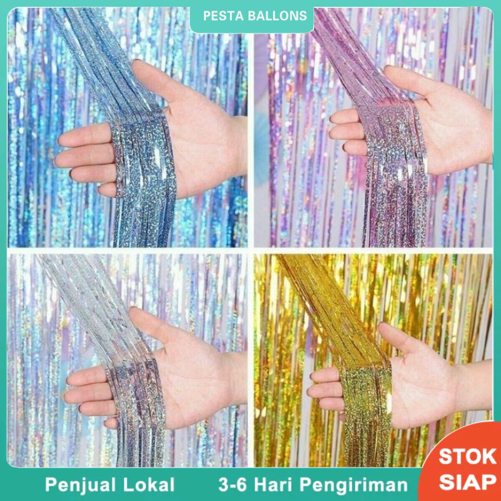 Tirai Rumbai Foil Gliter Ukuran 2x1 Meter Warna Warni  Backdrop Curtain Tirai Pesta Ulang Tahun