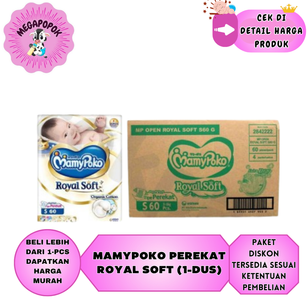 1-DUS MAMYPOKO ROYAL SOFT TAPE KARTON ISI 4 BALL NBS62/S60/M56/L48/XL40/XXL32/megapopok