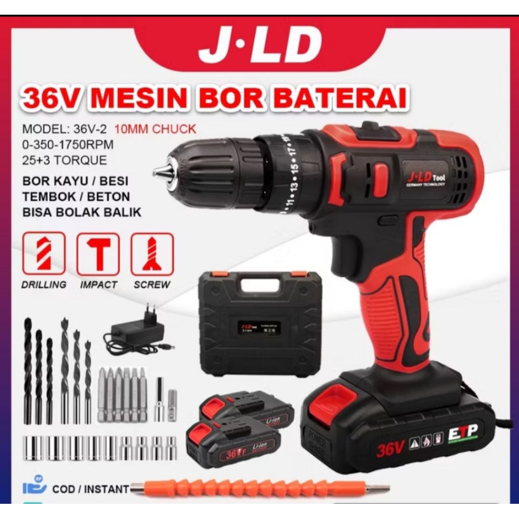 JLD bor baterai 36Vf 10mm tembok besi kayu - JLD 2 baterai BANJARMASIN
