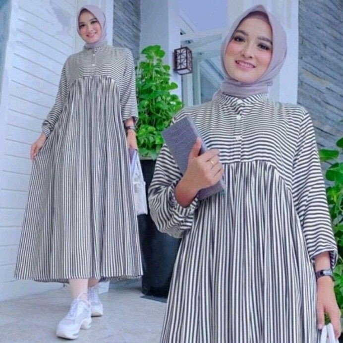 MIDI DRESS MUSLIM MOTIF SALUR/DRESS SALUR TERBARU LENGAN PANJANG/LONG DRESS MIDI OOTD FASHION MUSLIM