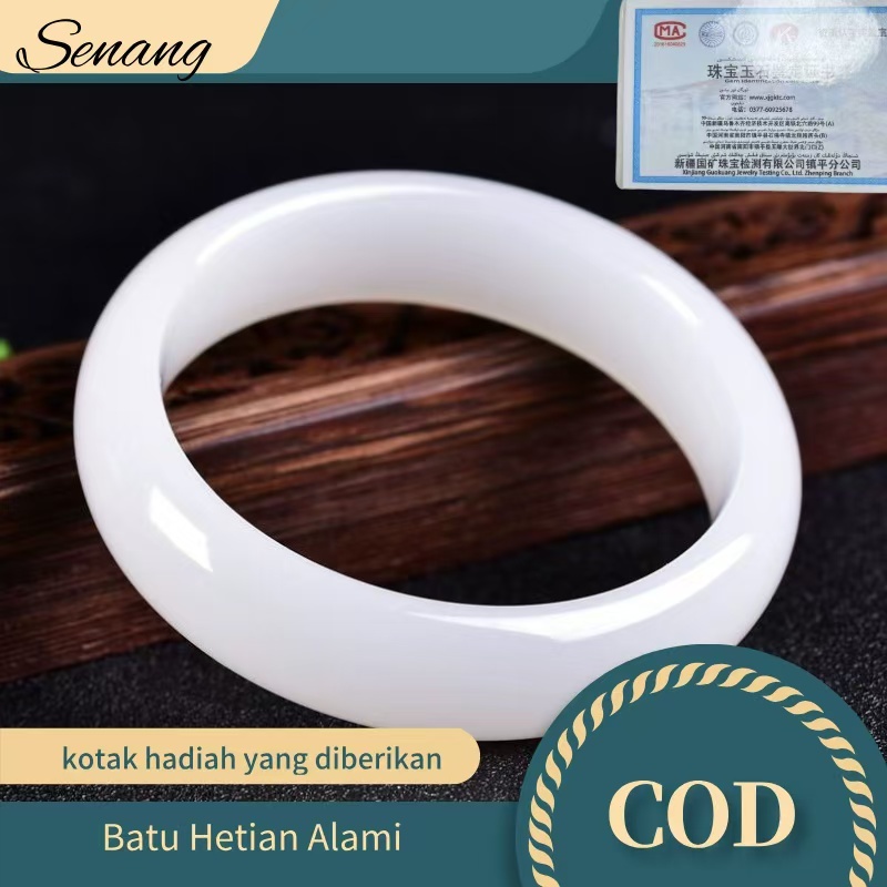 Gelang Giok Hetian, Giok Putih Tiri Alami, Permukaan Minyak dan Halus dengan Tali Lebar, Hadiah untu