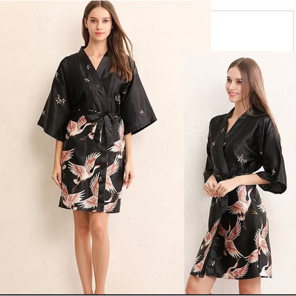 kimono satin elegan motif burung banggo  piiyama malam kimono korean  desain cantik
