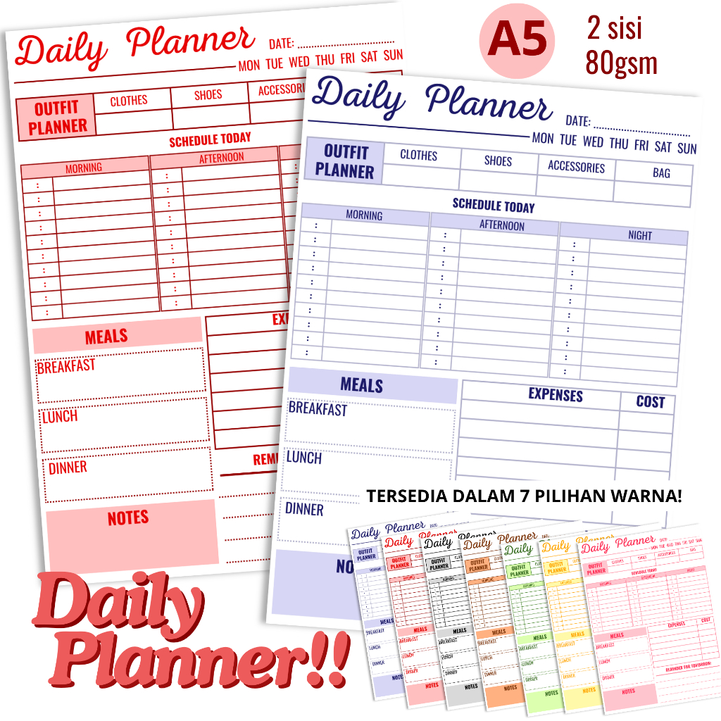 

(Papelrosie) Loose Leaf Planner A5 | Refill Isi Binder Daily Planner isi 20 Lembar Bolak-Balik | Hvs 80gsm