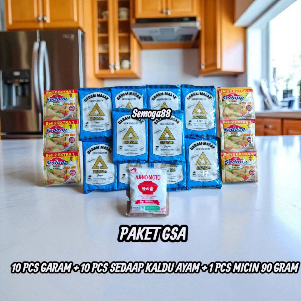 

PAKET HEMAT BUMBU 16 RIBUAN 10 PCS GARAM KEMASAN 100 GRAM + 10 PCS SEDAAP KALDU 9 GRAM + 1 PCS AJINOMOTO MICIN 90 GRAM / GARAM / GAREM / BUMBU DAPUR