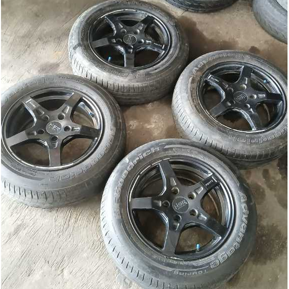 VELG MOBIL BEKAS SEKEN HSR PENTE RING 15 LEBAR 7 PCD 5X114 BLK + BAN BFG(2024) 185 65 R15 VELG UNTUK
