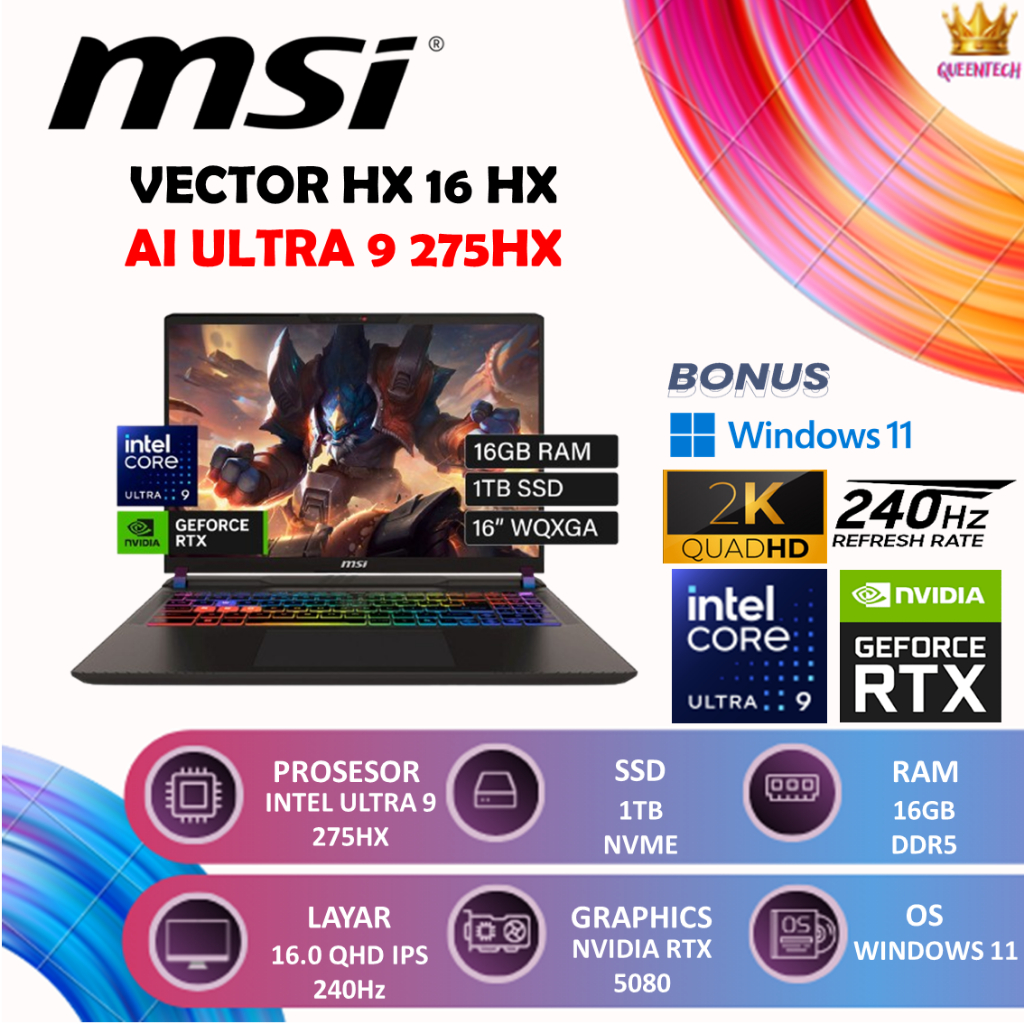 MSI VECTOR 16HX AI INTEL Core Ultra 9 275HX RTX5080 [16GB/1TB] Windows 11+OHS 16.0QHD+ 240HZ