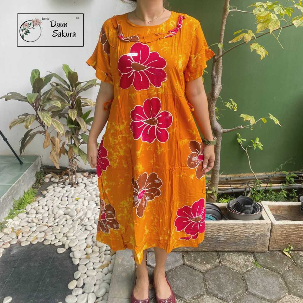 Baju Tidur Daster Batik Daun Sakura Leher Remple Tali Samping Motif Bunga Sunan Rayon