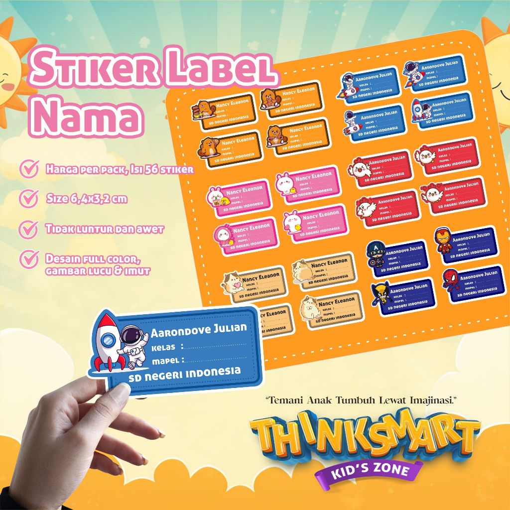 

52 PCS (TANPA PO) Stiker Nama Buku Lucu Anak | Custom Nama Label Nama Anak Custom | Stiker Buku Sekolah Lucu Karakter | Bisa Request Nama