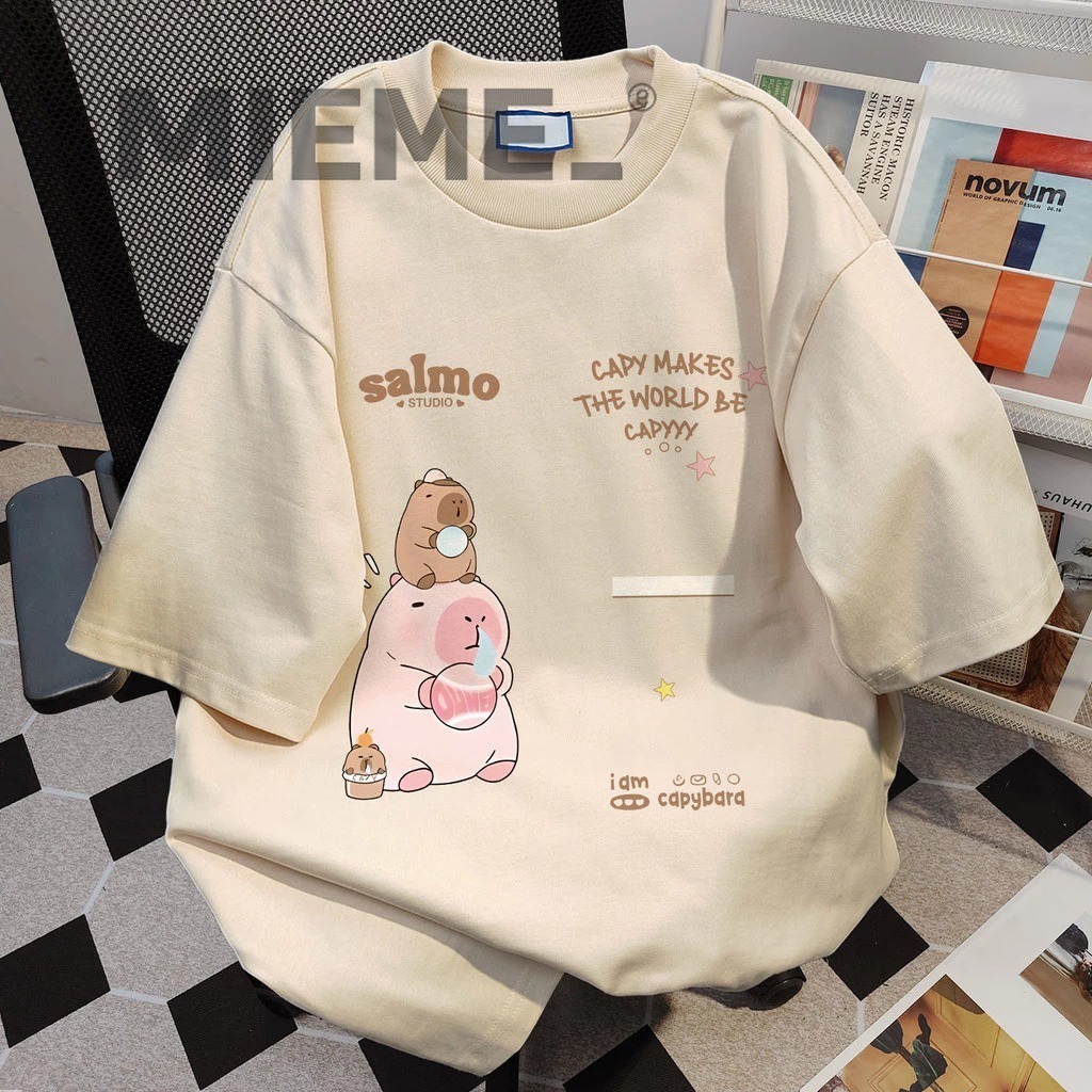 Kaos T-shirt Wanita Korea Kaos Oversized 100% katun Motif kapibara lucu Kaos longgar wanita oversize