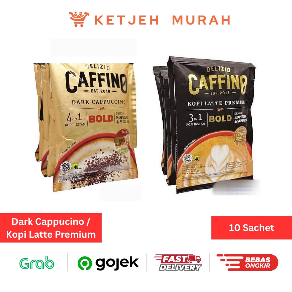 

Delizio Kopi Instan Caffino BOLD Dark Cappuccino 4in1 + Topping Choco Malt / Kopi Latte Premium 3in1 1 Renteng isi 10 Sachet