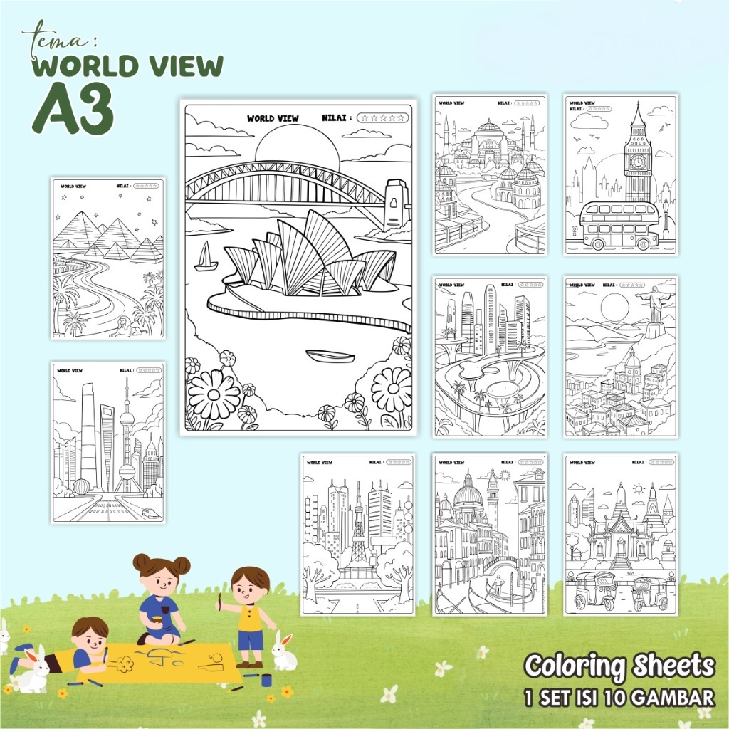 

COLORING SHEETS A3 TEMA WORLD VIEW - KERTAS MEWARNAI - MEDIA BELAJAR ANAK READY STOCK