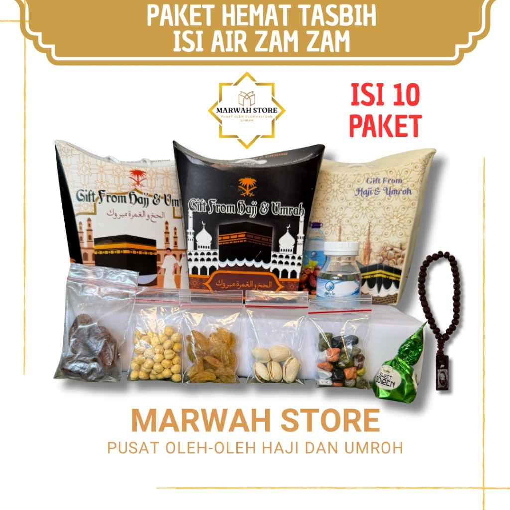 

Paket Oleh-oleh Haji dan Umroh Paket Hemat isi 10 Lengkap Air Zamzam Tasbih