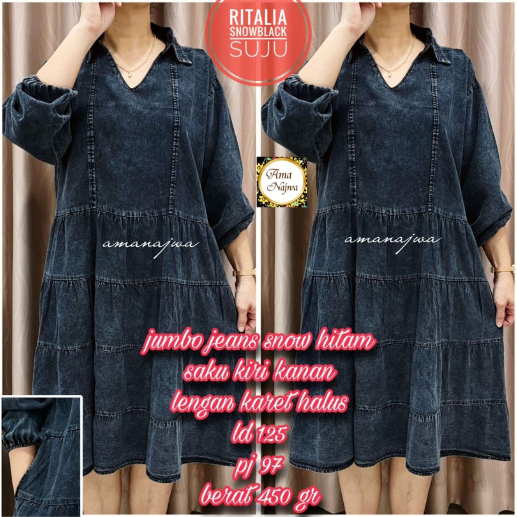 Tunik Jeans Wanita Super Jumbo LD 125 Panjang 97 Bahan Jeans Washed Premium