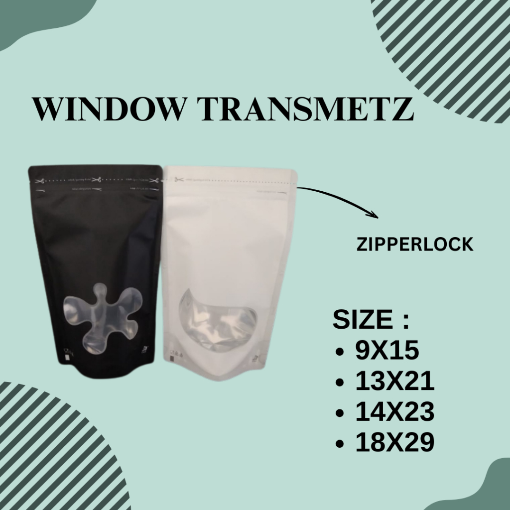 Kemasan Standing pouch window hitam putih kpack 13x21 13 x 21 250z