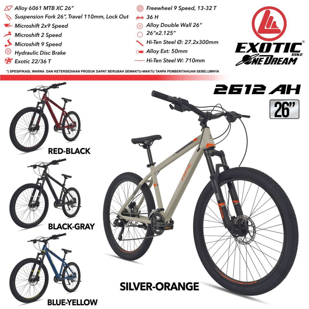 Sepeda MTB 26 inc Exotic 2612 AH Alloy Rem Hidrolik 2x9 speed