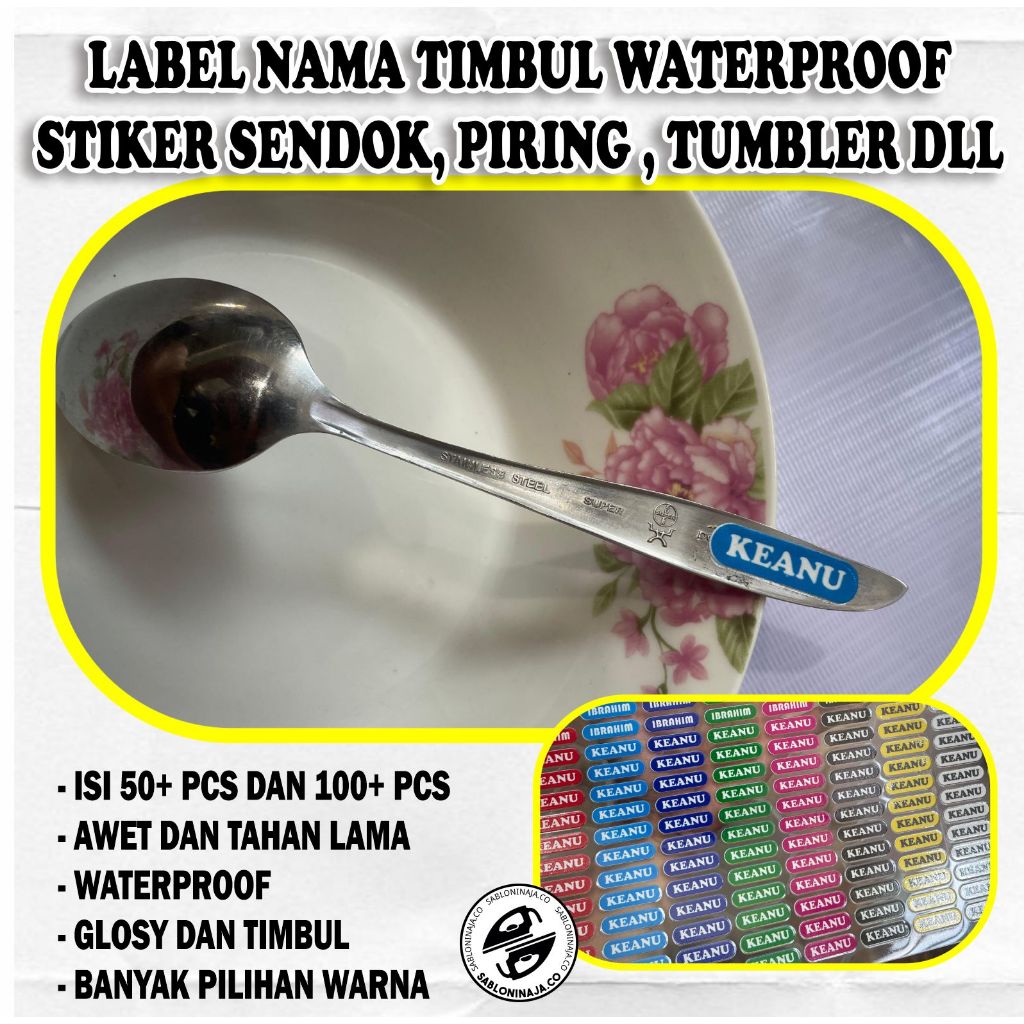 

Label Nama Timbul Sendok Piring Tumbler Dll Waterproof UV DTF Isi 50+ pcs 100+ pcs Murah Awet Tahan Lama