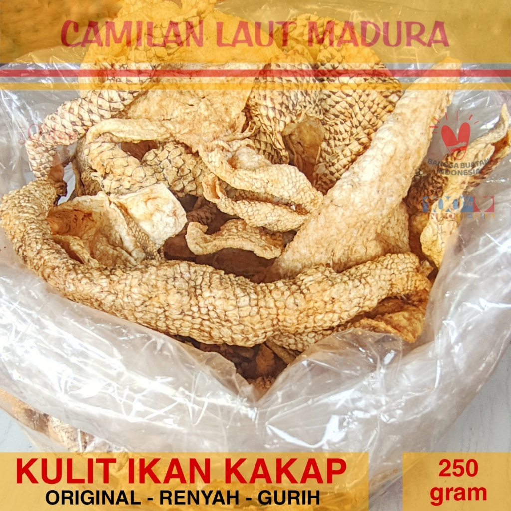 

Kulit Ikan Kakap Bebas Gluten Renyah Gurih Camilan Laut Madura Oleh-oleh Khas - 250gr Rambak Kerupuk Snack Cemilan Keripik