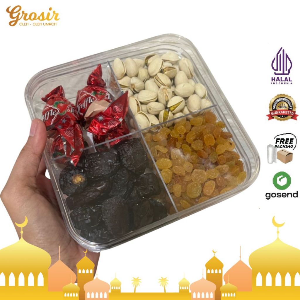

Paket Hampers Premium Oleh Oleh Haji dan Umroh Kurma Kacang Arab Kismis Coklat Truffle Kurma Ajwa
