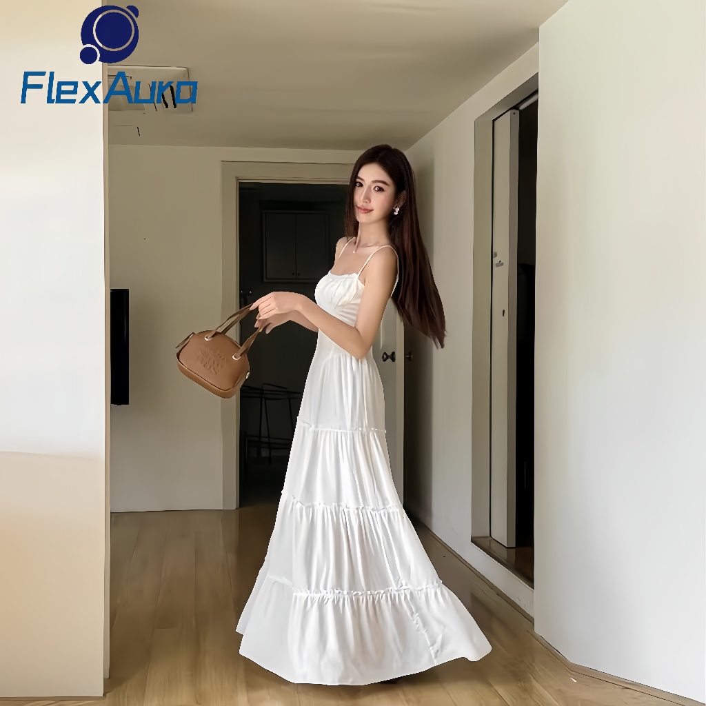 FLEXAURA Rok Panjang Wanita Putih 2025 – Model A-Line, Rok Gantung, Gaya Korea, Rok Layer Cake, Coco