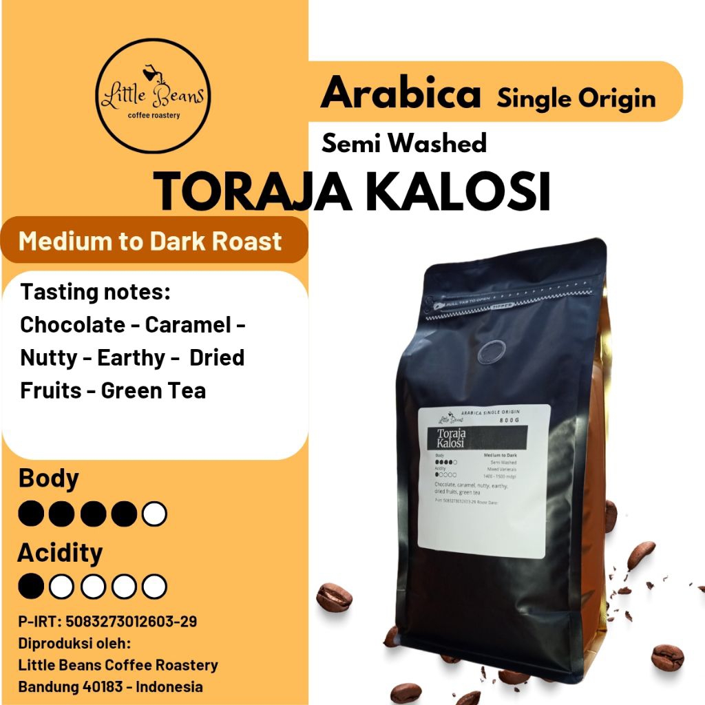 

Kopi arabica Toraja Kalosi medium to dark roast 800gr/400grgr/200gr biji/bubuk
