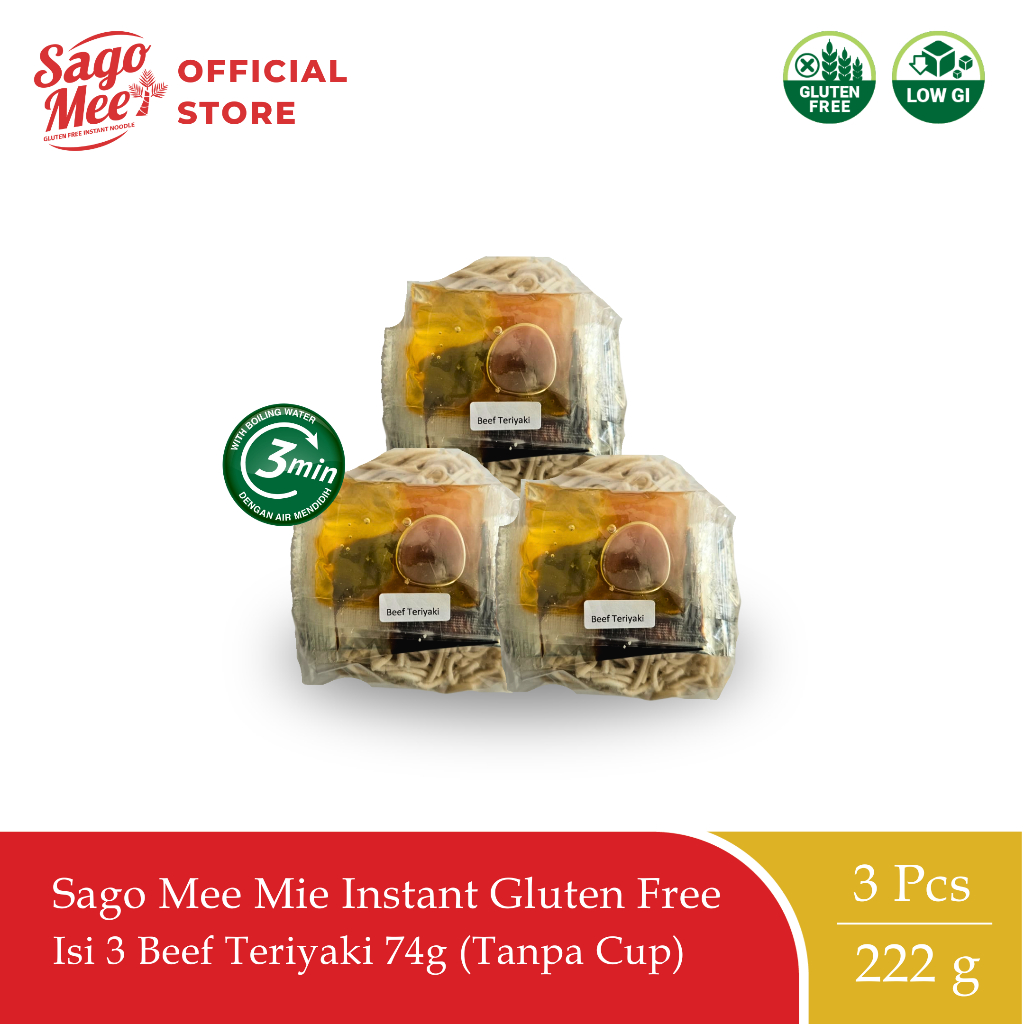 

Sago Mee Gluten Free Mie Instan Rasa Beef Teriyaki 74g Triple Pack (Tanpa Cup)