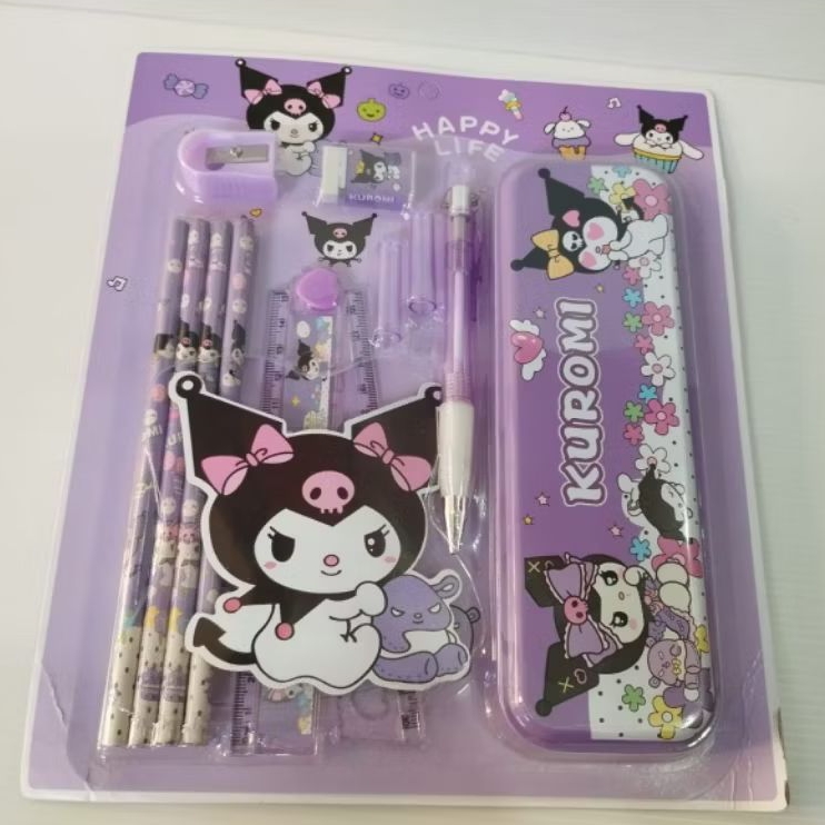 

kuromi sanrio alat tulis set Stationery semangat belajar pensil penghapus rautan penggaris kotak pensil