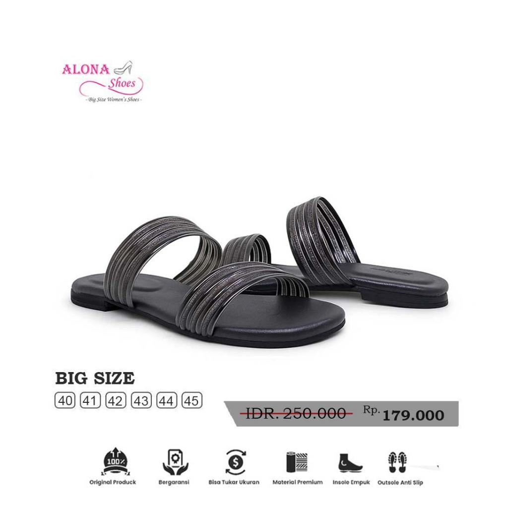 Alona Shoes - Loria Black | BIG SIZE | Sandal Flat Wanita Teplek Harian Ukuran Jumbo 41 42 43 44 45
