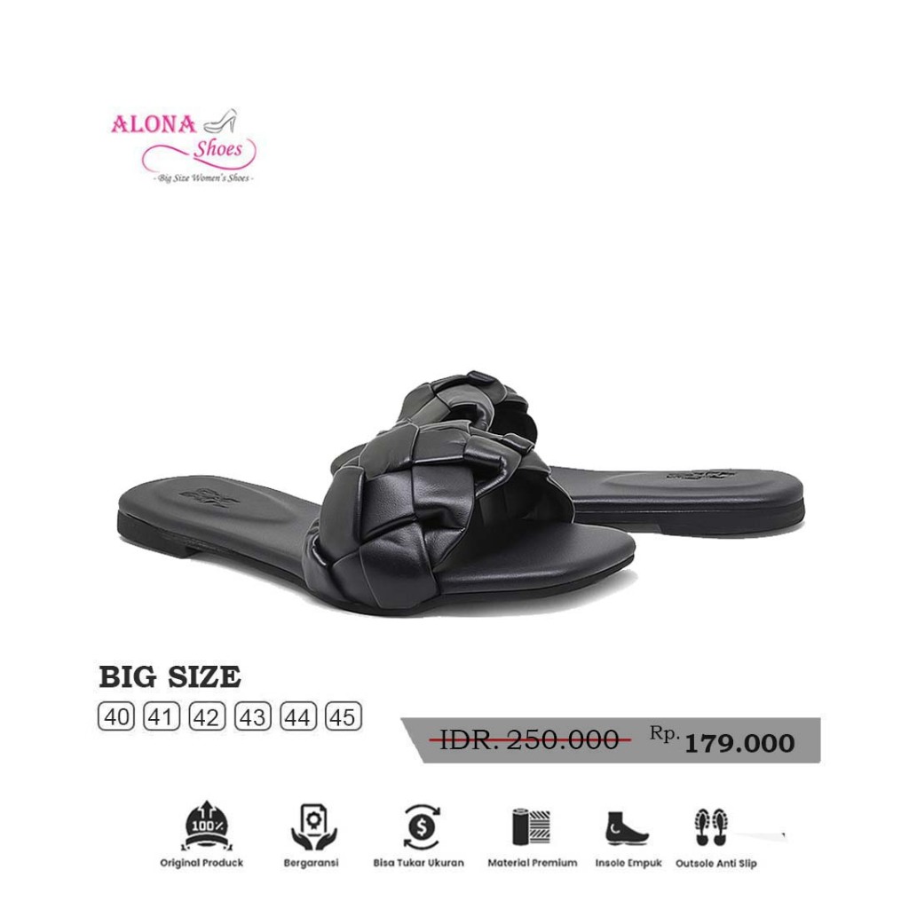 Alona Shoes - Trecia Black | Sandal Flat Wanita Jumbo Big Size 41 42 43 44 45 | Sendal Kepang Ukuran