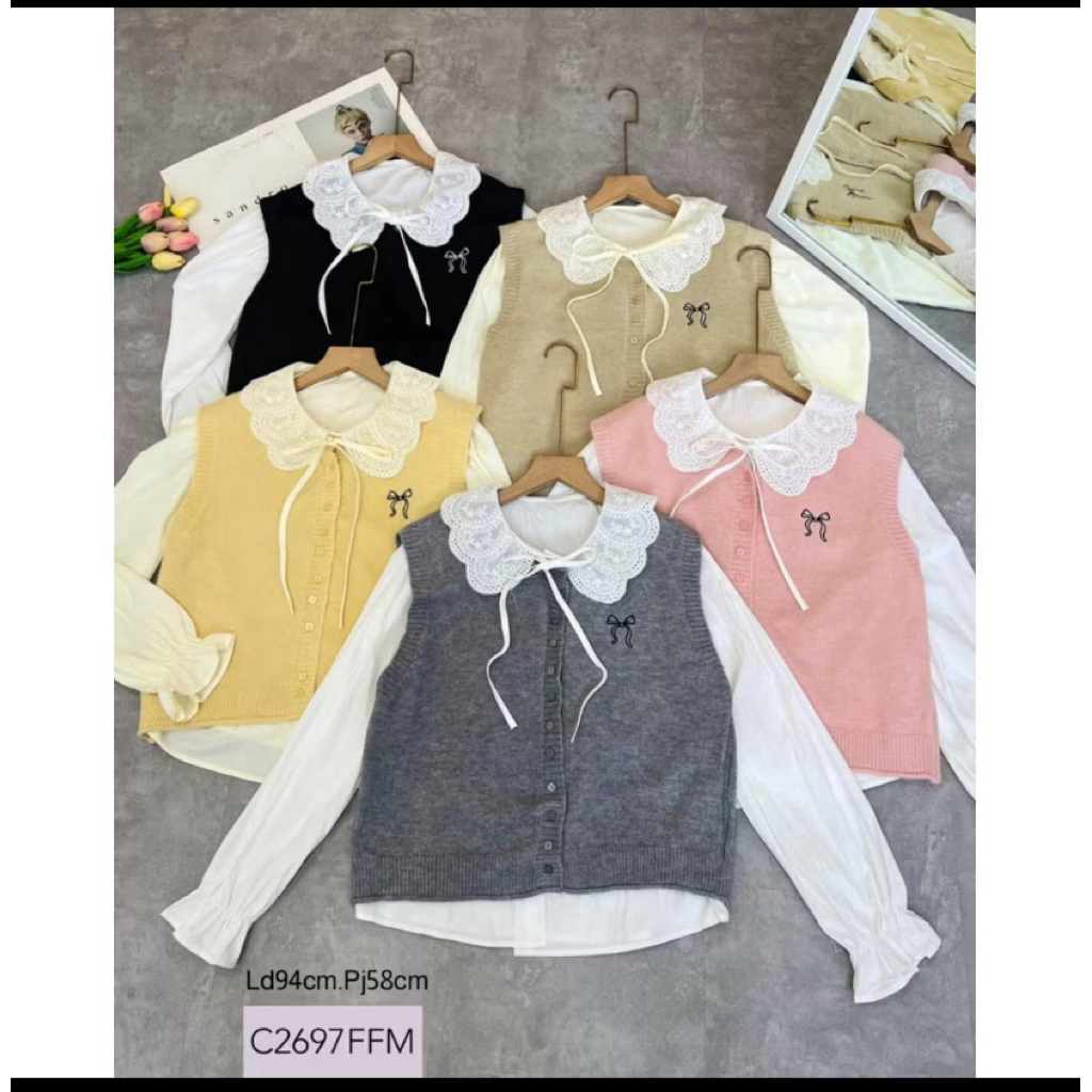 Haisista - Shirt / Baju Atasan Kemeja Wanita Set Vest Rajut 2in1 / Crop Top