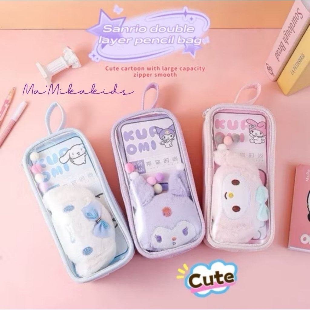 

Tempat Pensil Sanrio Mix Transparan Karakter Kuromi My Melody Cinnamoroll Free Plushy/Boneka + Pompom