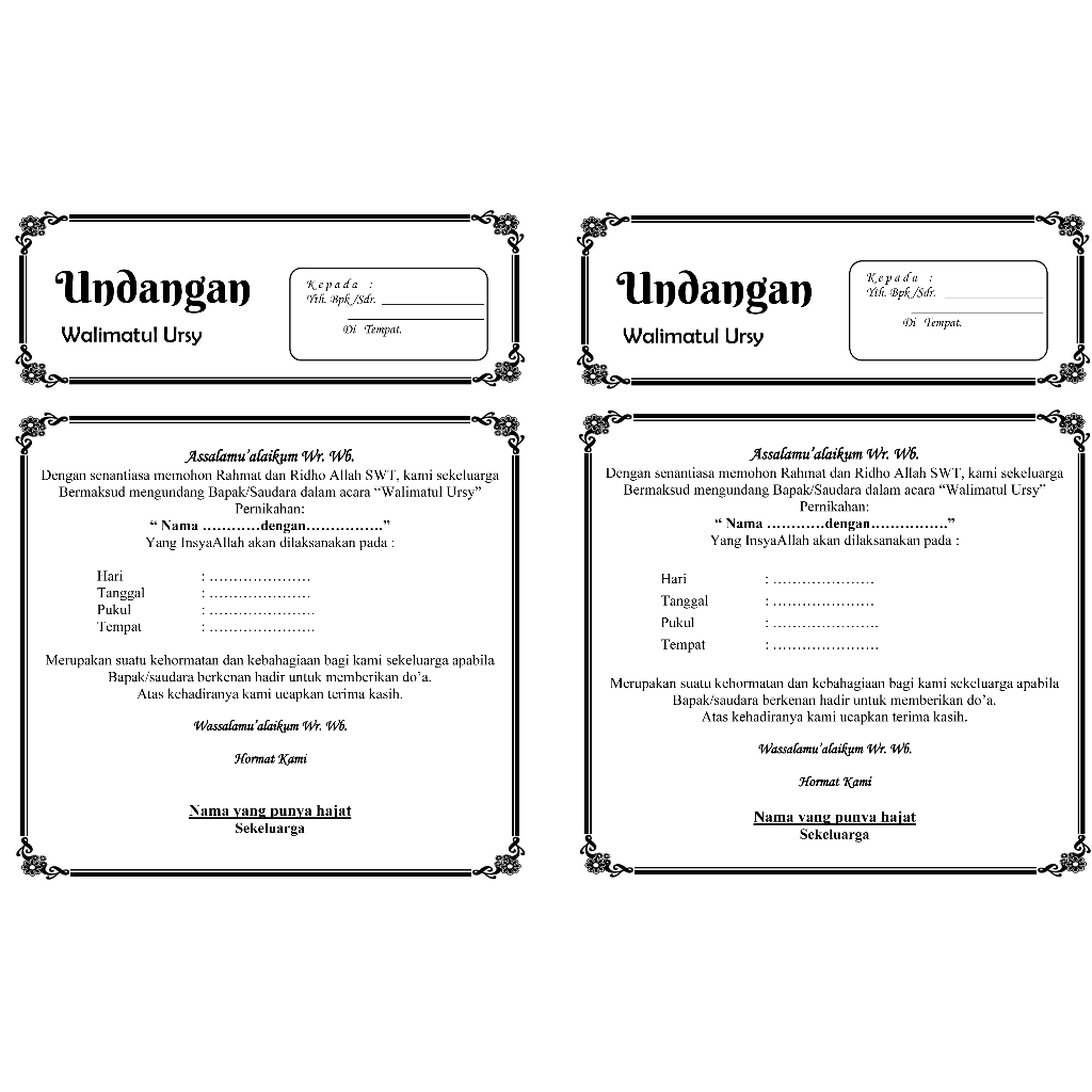 Undangan Walimahan / Walimatul Ursy / Undangan Folio Hitam Putih / Undangan Tahlil / Undangan Aqiqah