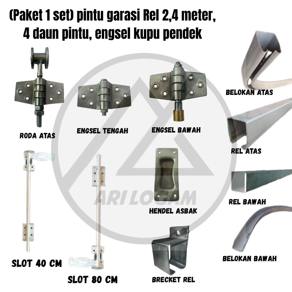 [PAKET SATU SET] PINTU GARASI TIKUNG REL 2,4 METER  4 DAUN||FULL SET REL, RODA ENGSEL KUPU||AKSESORI