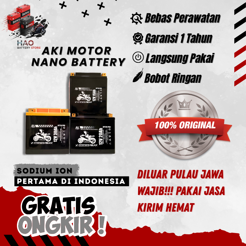 NANO BATTERY Aki Motor Sodium Ion 12.4V 15A-30A Accu Motor Harley BMW Royal Enfield GARANSI 1 Tahun