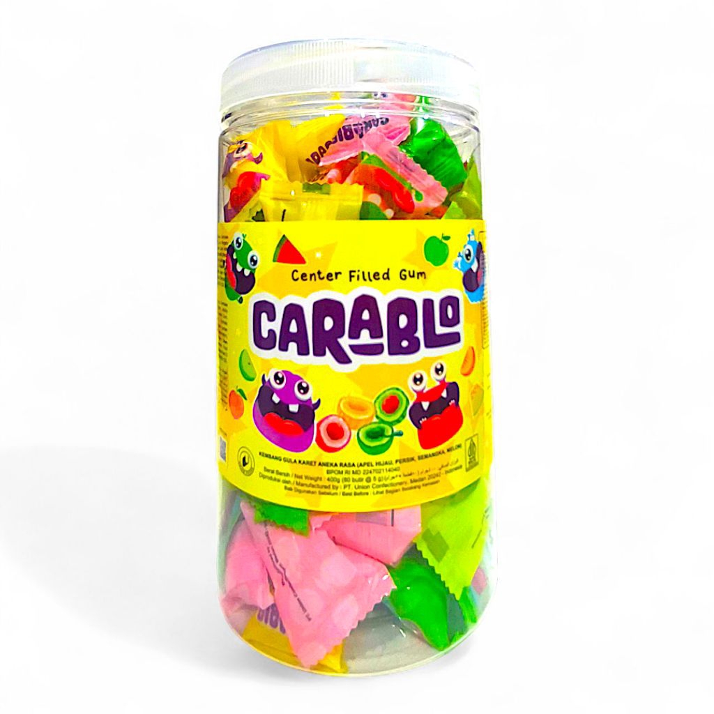 

CARABLO Permen Karet Anak Isi Cairan Buah [1 Toples Isi 80 Butir] – Bubble Gum Center Filled Rasa Apel Stroberi Persik - Beli Banyak = Makin Murah!!!