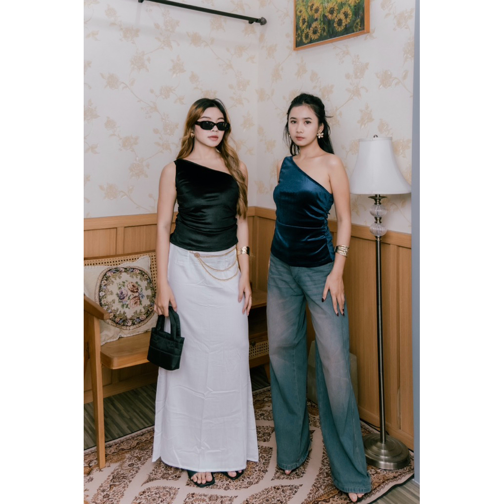 Bella Top | Top Press body Beludru Wanita One Shoulder