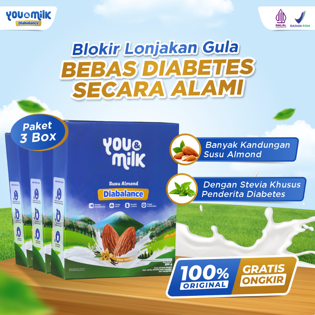 

You & Milk Diabalance 3 BOX Susu Almond Stevia Cegah Diabetes Turunkan Gula Darah Tanpa Kimia 200g