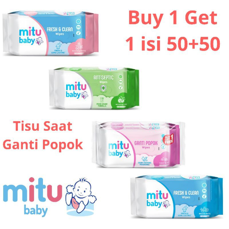 BUY1 GET1 TISSUE BASAH MITU BABY 50 SHEETS - Mitu Baby Wipes Tisu Basah Buy 1 Get 1 - Varian Random