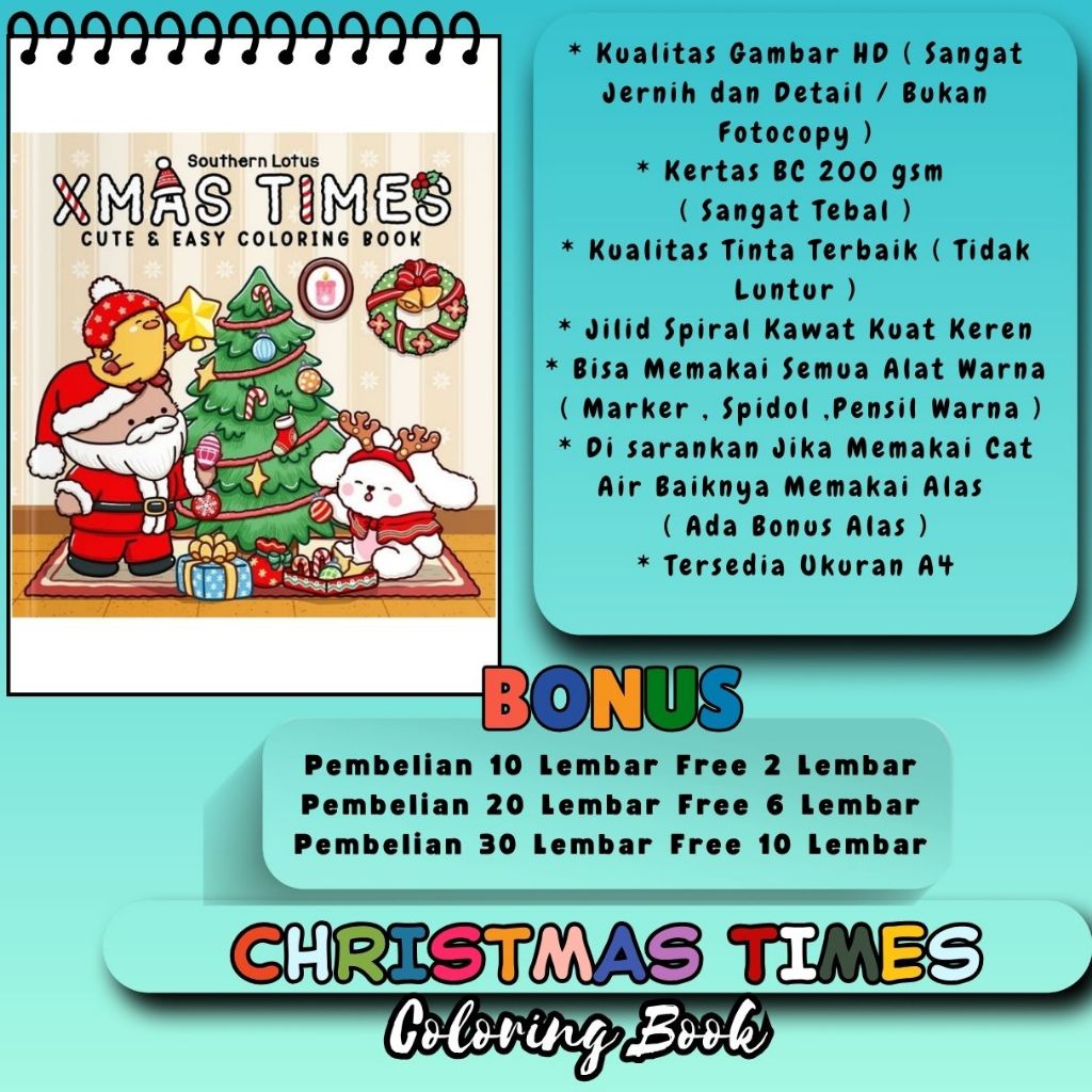 

Christmas Times Buku Mewarnai Keren Kualitas Gambar HD Jernih Coloring Book Cute And Easy Kertas Premium Tebal 200 gsm Spiral Kawat Kuat
