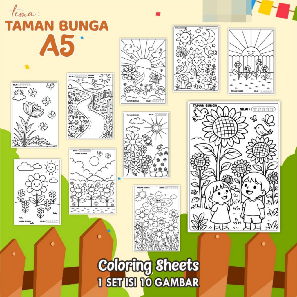 

KERTAS GAMBAR MEWARNAI TEMA TAMAN BUNGA - LEMBAR COLORING SHEETS FOR KIDS ISI 10 LEMBAR [A5] READY