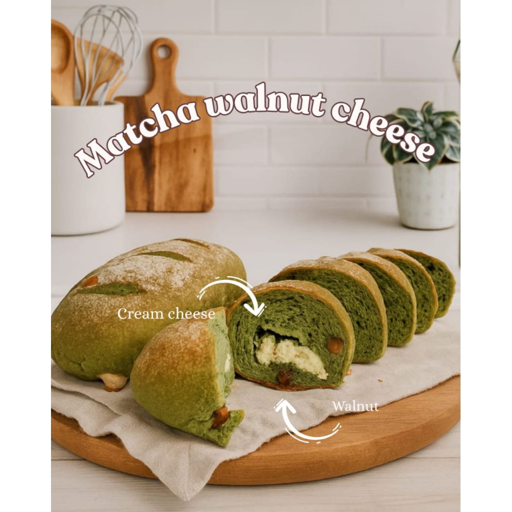 

Matcha Walnut Cheese - soft bread sourdough 100% ragi alami