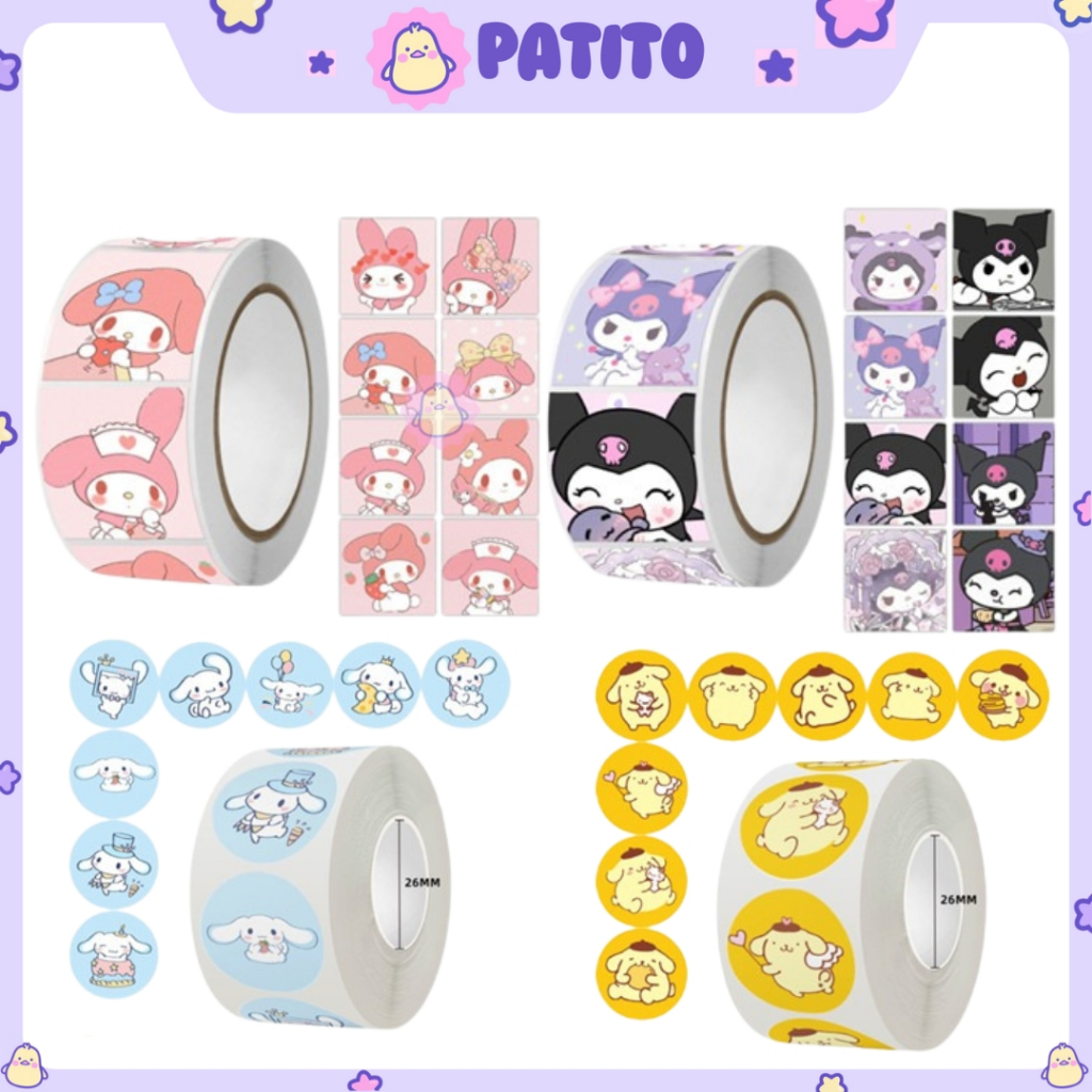 

500 Pcs Stiker Sanrio Roll Bulat Hello Kitty Melody Purin Kuromi Stiker Cute ST001