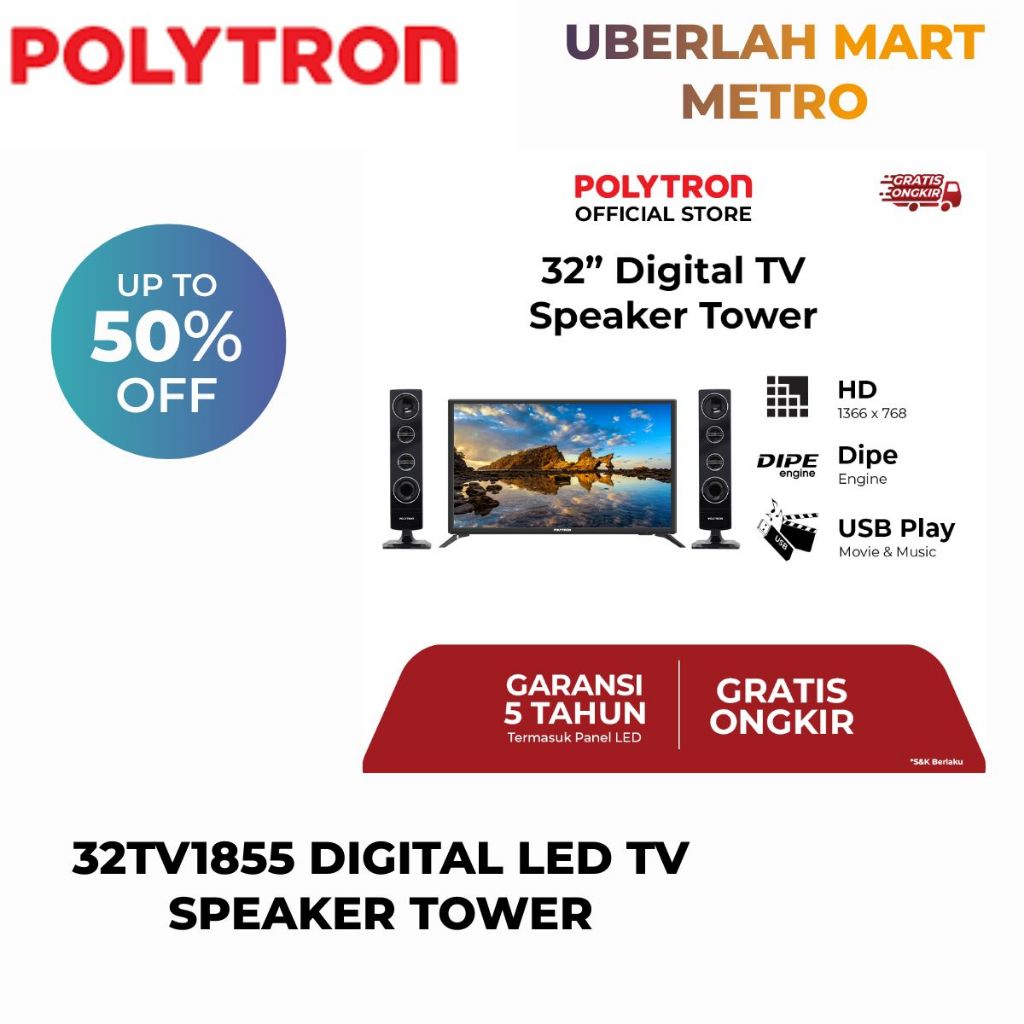 POLYTRON TV LED 32 INCH DIGITAL SPEAKER TOWER TIPE 32TV1855
