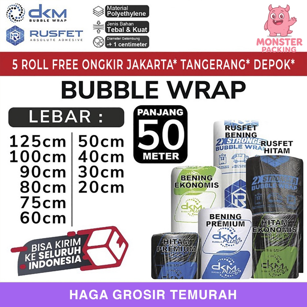 

Plastik Bubble Wrap 50M RUSFET DKM+ Bubblewrap Packing TEBAL ROLL